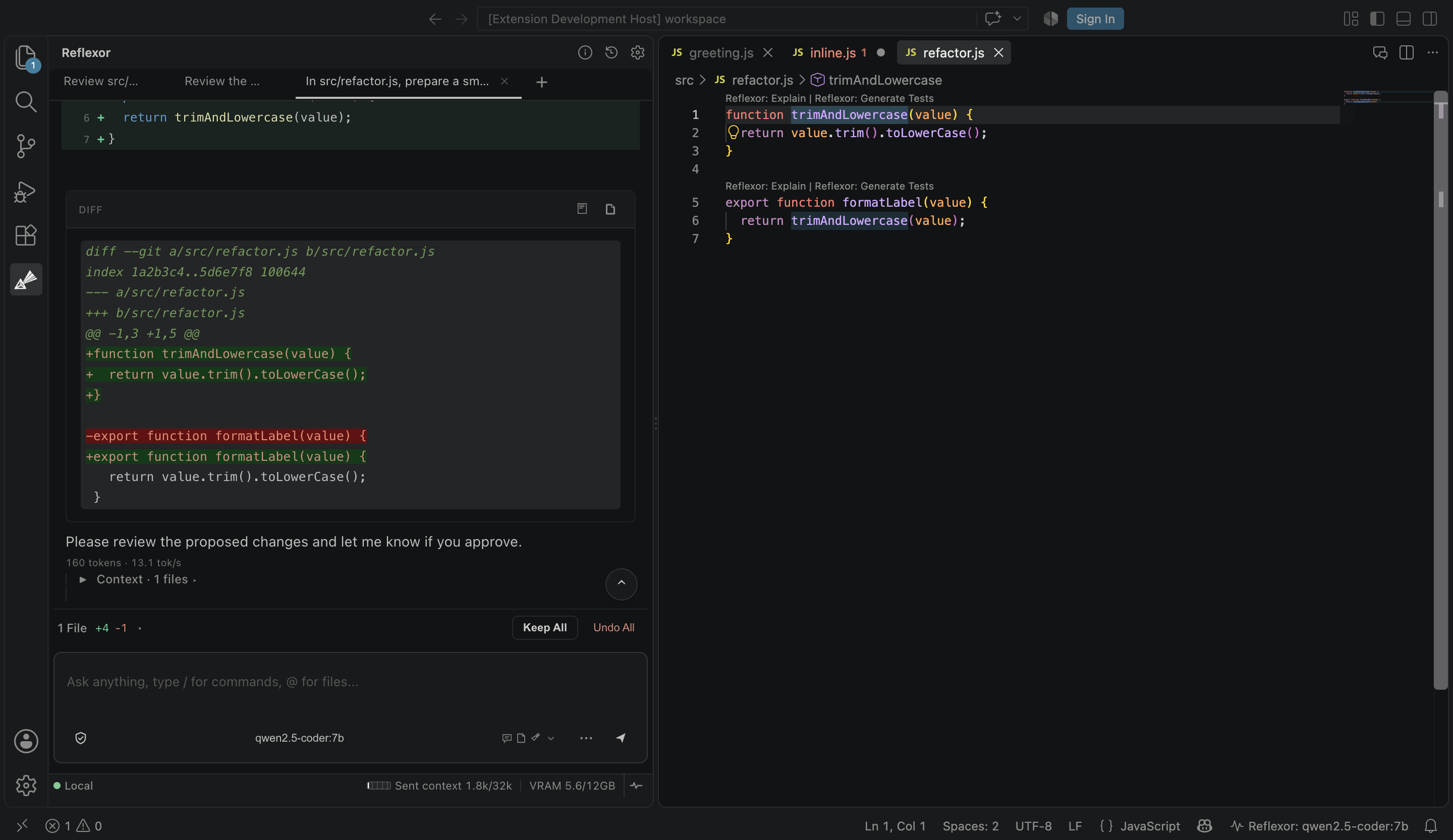 Reflexor Agent proposal with reviewable refactoring diff