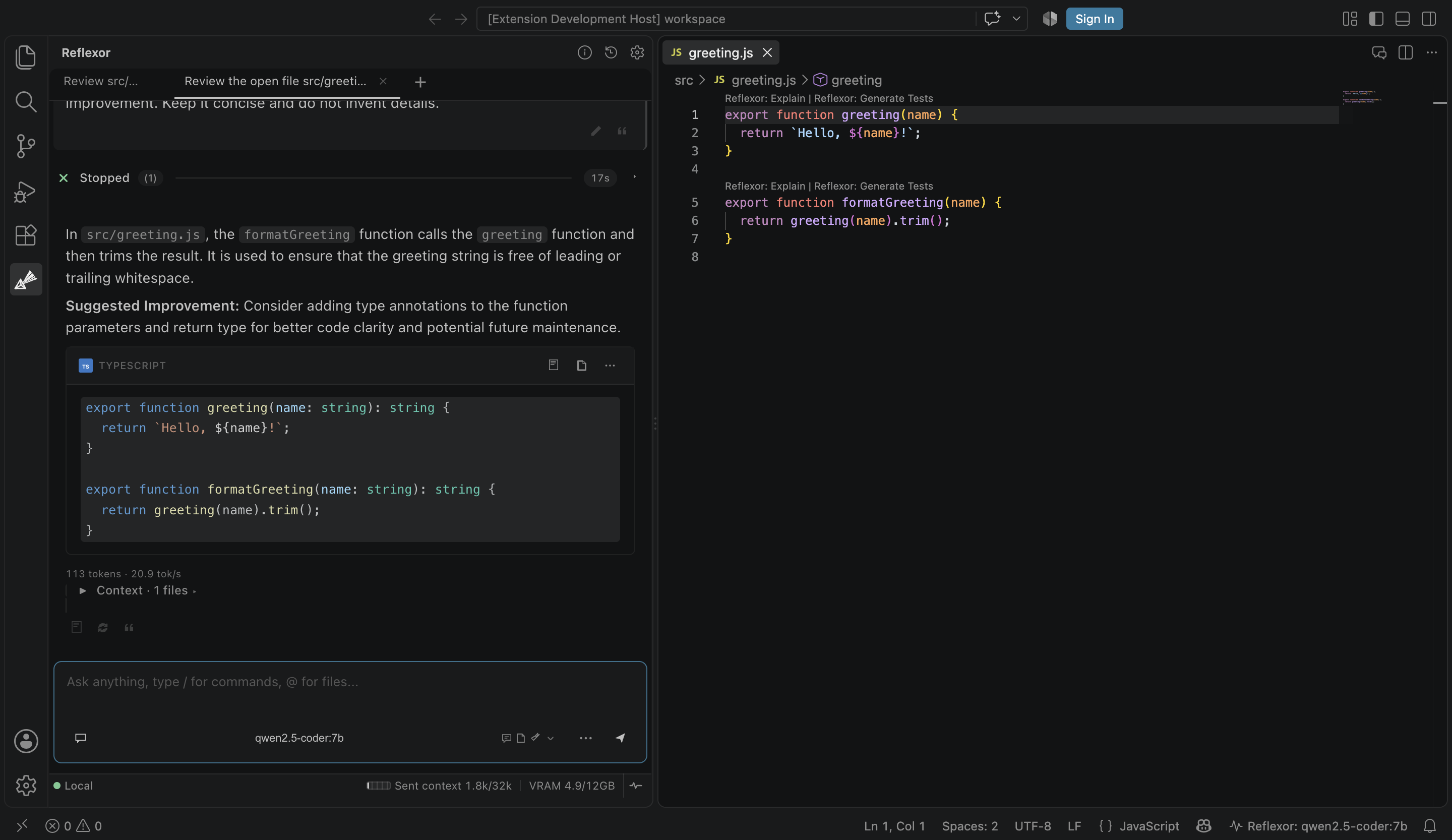 Reflexor codebase chat using local workspace context